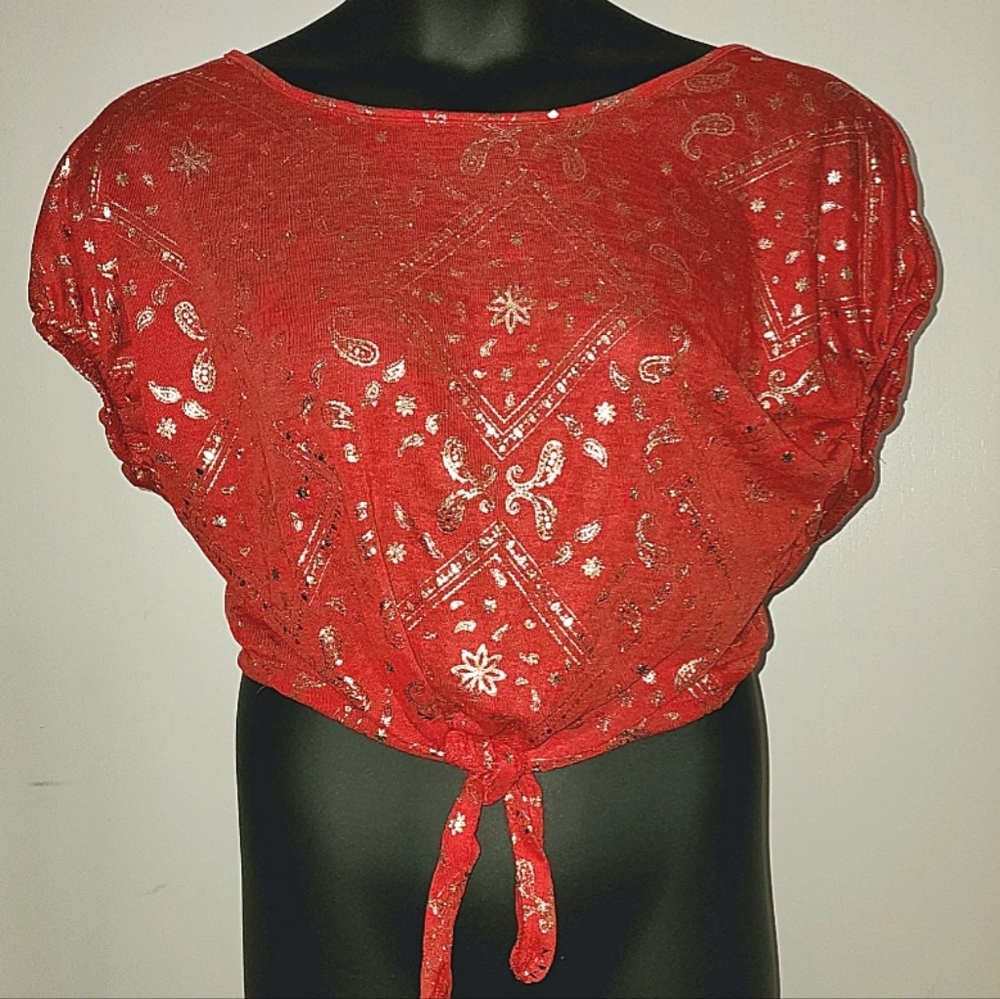 NYC Red Midriff Top w/ Gold Paisley Designs Plus Sizes 1x, 3x